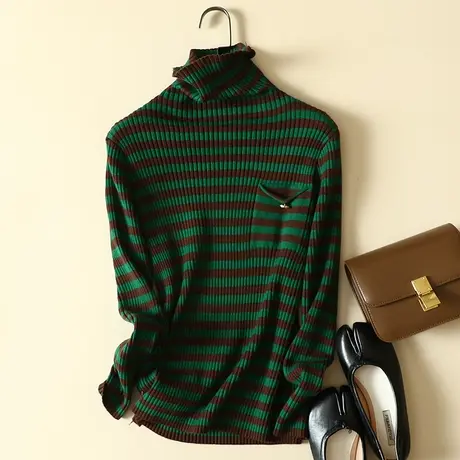 堆堆高领毛衣打底衫女士内搭秋冬2022年新款条纹洋气加厚针织上衣商品大图