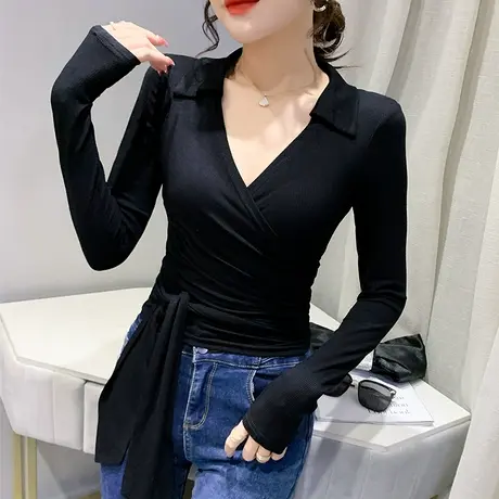 交叉V领系带T恤女长袖春秋设计感小众短款上衣性感紧身高腰打底衫商品大图