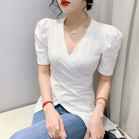设计感网红T恤女短袖夏季性感交叉V领上衣收腰显瘦小衫不规则丅恤商品大图