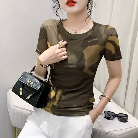 欧货网纱圆领T恤女短袖漂亮气质减龄小衫时尚印花拼色上衣修身夏商品大图