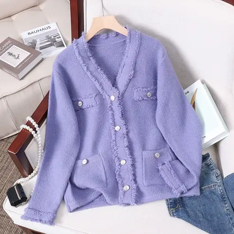 新款小香风针织开衫外套女秋冬胖mm显瘦毛边法式高级感毛衣上衣女商品大图