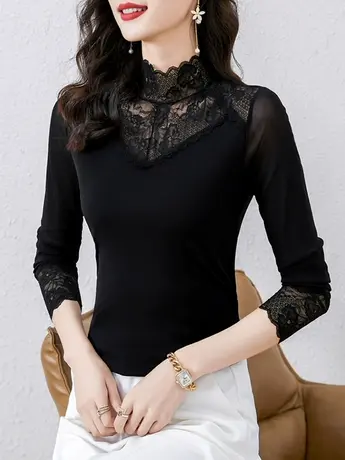 黑色蕾丝半高领打底衫女莫代尔内搭性感上衣洋气百搭薄款长袖t恤商品大图