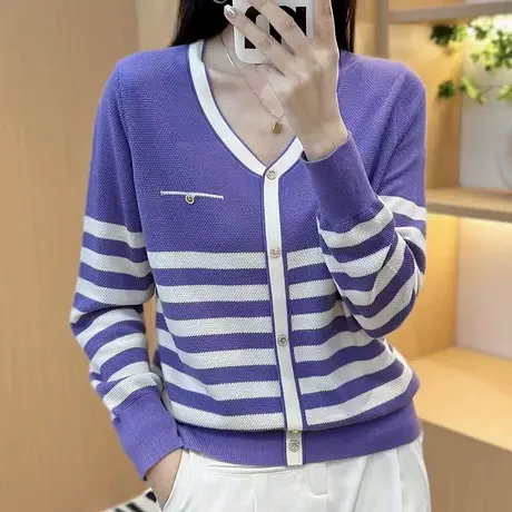 v领小香风条纹薄款针织衫2023秋装新款洋气百搭长袖高级感上衣女商品大图