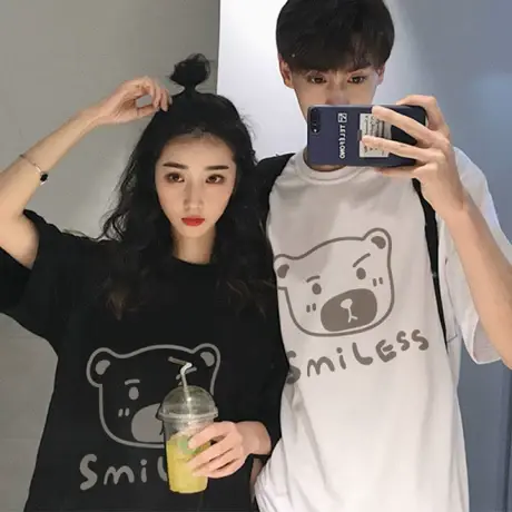 黑色短袖T恤女ins潮夏季情侣装2023年新款小熊体恤内搭打底衫上衣商品大图