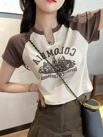 大码胖妹妹美式复古正肩T恤女春夏款2023短袖体恤辣妹上衣短款潮商品大图