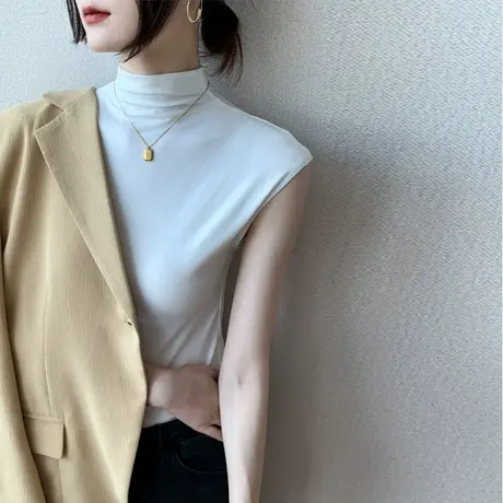 半高领打底衫女2023春季西装开衫内搭显瘦上衣莫代尔无袖t恤薄款商品大图