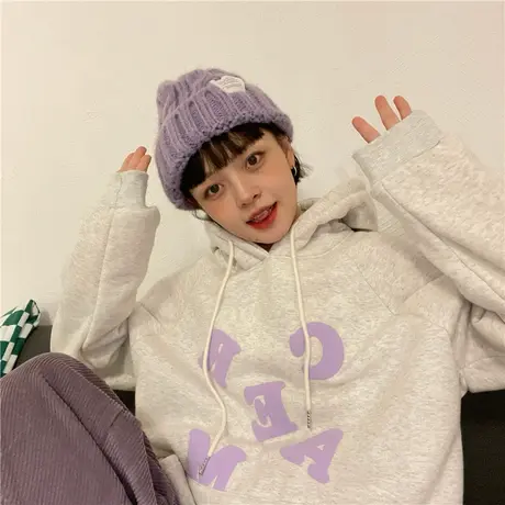 红续秋冬新款韩版小众设计感发泡字母加厚加绒连帽紫色卫衣女ins图片