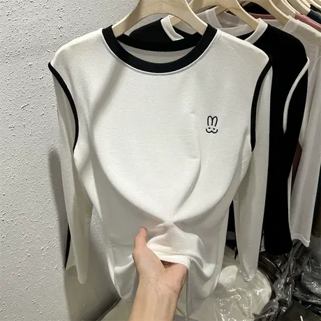 黑色圆领拼接撞色T恤女长袖2023早秋新款设计感小众天丝修身上衣图片