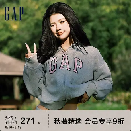 Gap女装秋冬美式复古LOGO碳素软磨抓绒短款连帽卫衣445808辣妹风图片