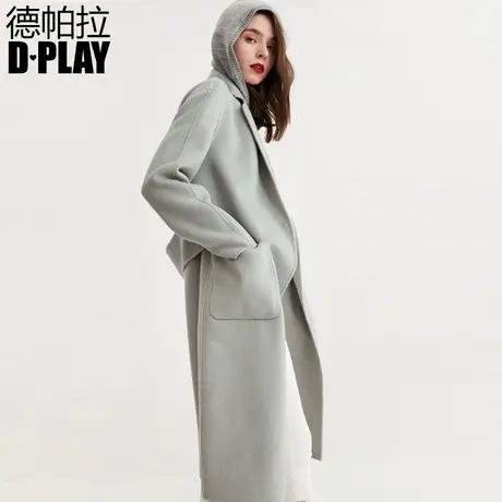DPLAY秋装冬款欧美灰豆绿简约宽腰带双面呢外套中长款呢大衣商品大图