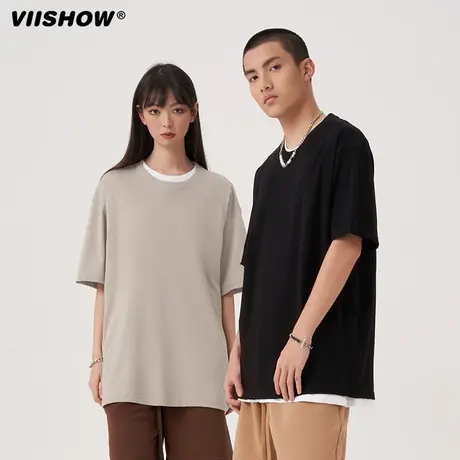 VIISHOW美式重磅纯棉短袖t恤男女基础款纯色oversize打底白色商品大图