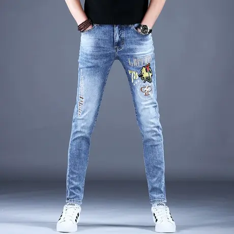 浅色春秋季刺绣牛仔裤男款高端潮牌修身小脚裤子男士休闲弹力百搭商品大图
