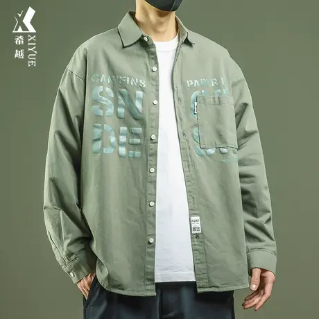 希越ins字母印花工装衬衫男绿色2023秋季新款宽松大码长袖外套棉商品大图