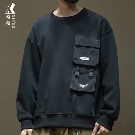 希越户外工装口袋卫衣男款秋季宽松大码ins潮牌落肩圆领拼接上衣商品大图