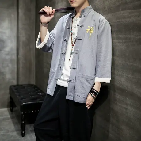 中国风2023夏季新款男士短袖衬衫盘扣古风汉字刺绣七分袖男装衬衣商品大图