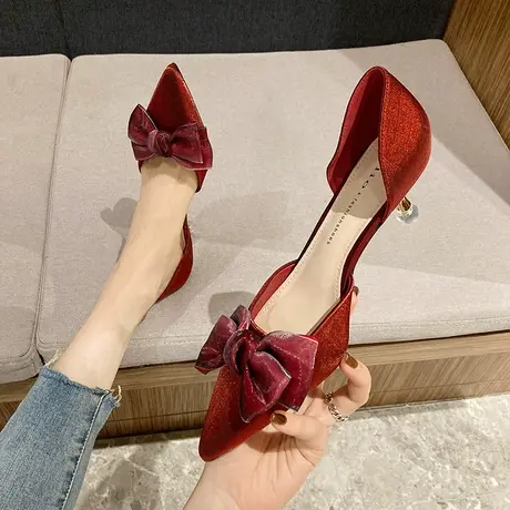 蝴蝶结高跟鞋女细跟2023年春夏季新款法式少女中空尖头酒红色单鞋商品大图