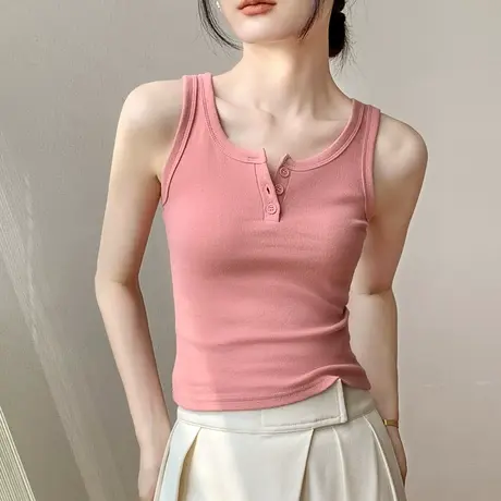 纽扣吊带背心女2023夏季bm辣妹修身露脐美式复古无袖T恤上衣短款商品大图