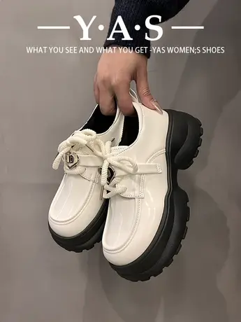 宽头小皮鞋女秋冬配裙子英伦风厚底乐福鞋法式高跟白色玛丽珍单鞋商品大图
