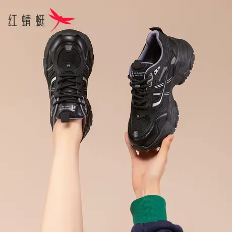 红蜻蜓厚底老爹鞋2023秋冬新款小个子显高女鞋黑色厚底休闲运动鞋图片