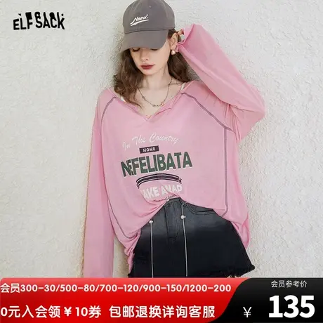 妖精的口袋v领t恤女2023秋季新款美式复古印花宽松防晒长袖上衣潮商品大图