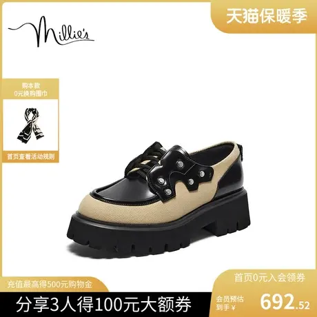 millie's/妙丽2023秋新款布洛克单鞋英伦风厚底女小皮鞋23Q35CM3商品大图