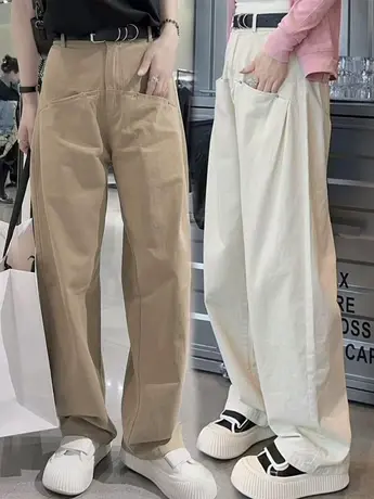 2023年春夏新款直筒显瘦休闲裤女生宽松设计感弯刀裤卡其色阔腿裤商品大图
