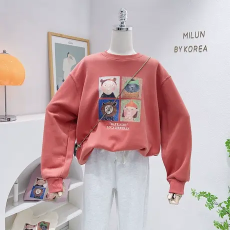 小个子摇粒绒上衣ins油画风奶呼呼加绒加厚卫衣秋冬韩系休闲保暖商品大图