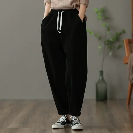 dza 高腰显瘦纯色全棉外穿加绒裤子女冬宽松阔腿裤休闲百搭哈伦裤图片