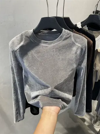 圆领金丝绒网纱长袖T恤女2023秋新款减龄时尚垫肩短款打底衫上衣图片