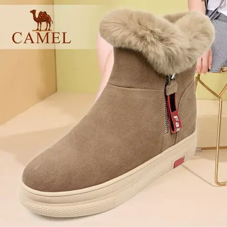 Camel/骆驼女鞋冬季款时尚真磨砂牛皮厚底保暖毛加绒雪地休闲靴子图片