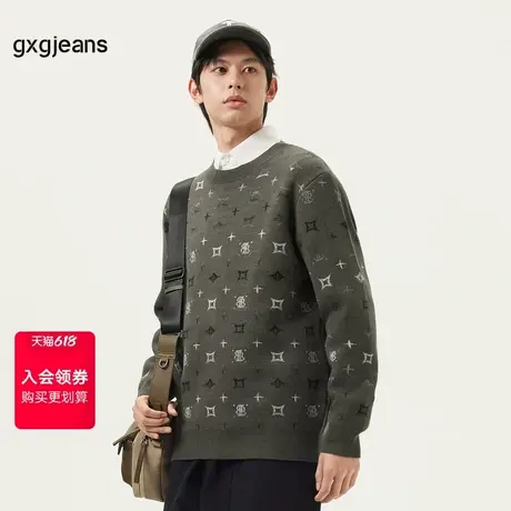 gxg.jeans男装 绿色满印设计宽松圆领毛衣针织衫线衫男 25春新品图片