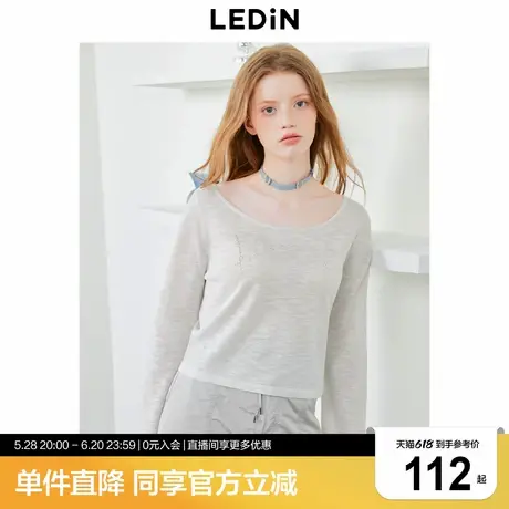 乐町夏季新款竹节纱针织套衫字母烫钻圆领长袖韩系机能上衣商品大图