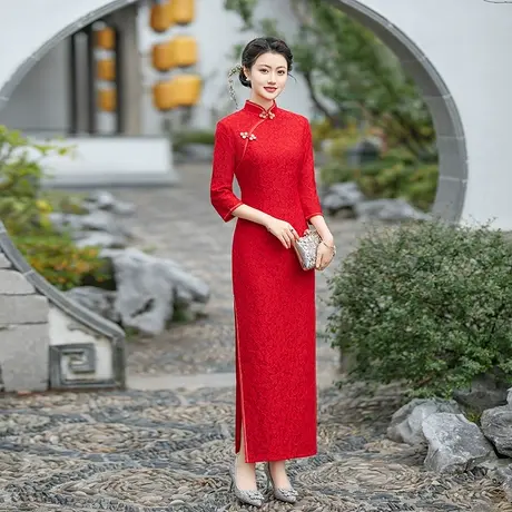 春秋中长袖加厚红色中式外嫁女回娘家回门装喜婆婆新年会拜年旗袍图片
