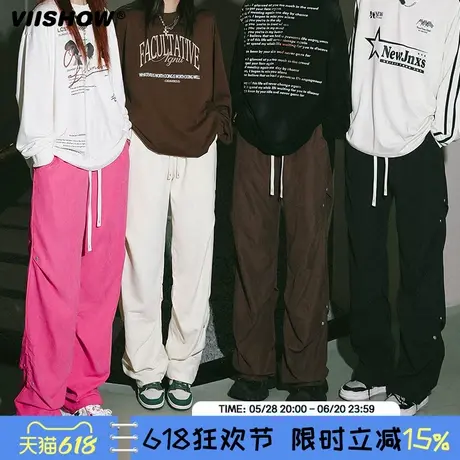 VIISHOW裤子男2025春新款痞帅褶皱伞兵裤宽松直筒休闲铆钉长裤潮商品大图