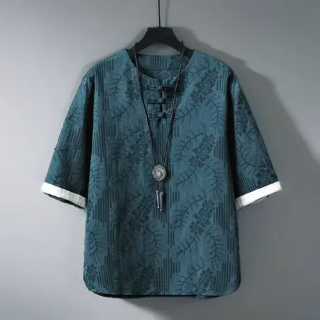 夏天衣服男中国风盘扣短袖T恤圆领提花半截袖特大码胖复古五分袖图片