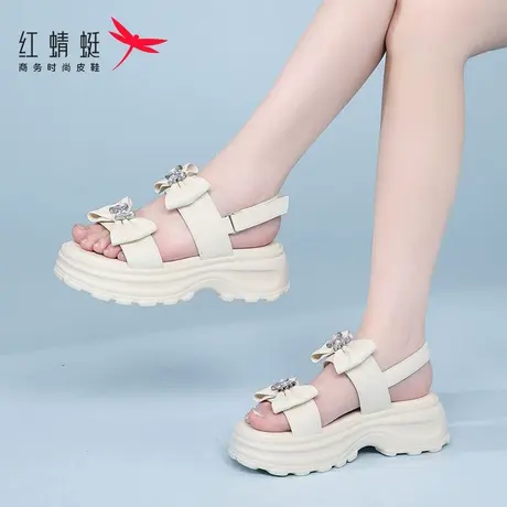红蜻蜓女鞋厚底运动白色沙滩鞋老爹松糕凉鞋女新款夏季品牌蝴蝶结商品大图