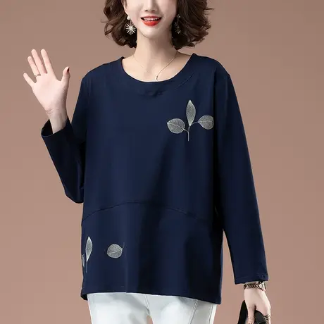 长袖t恤女春秋加肥加大码宽松纯棉体恤中年妈妈刺绣显瘦打底衫女商品大图
