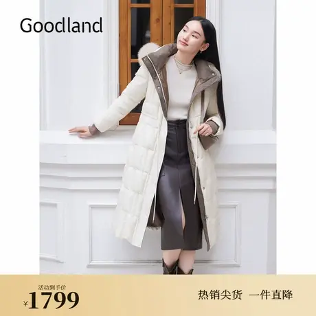 Goodland美地2024冬季新款狐狸毛领中长款高克重白鸭绒羽绒服图片