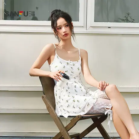 三福女夏季清新碎花连衣裙 时尚甜美休闲少女风吊带裙子504266图片