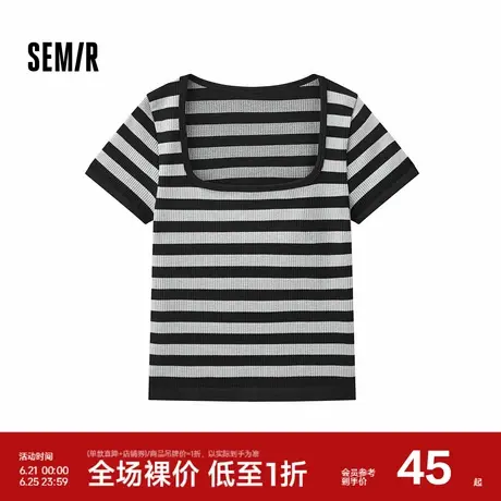 森马打底衫女款时髦复古条纹短袖T恤方圆领内搭春季上衣修身显瘦商品大图