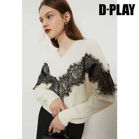 DPLAY德帕拉秋冬款白色拼接蕾丝针织衫复古气质长袖毛衣商品大图