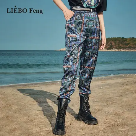 裂帛LIEBOFeng设计师品牌2023年复古民族风印花烫钻收腰雪纺长裤商品大图