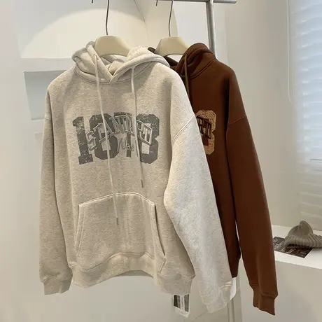 美式复古vintage加绒连帽卫衣!秋冬加厚宽松显瘦休闲上衣带帽衫女商品大图