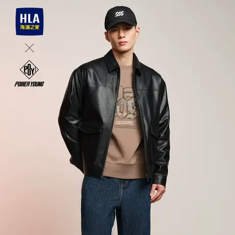 【翻领PU皮】HLA海澜之家POWER YOUNG24秋季新休闲黑夹克外套男装图片