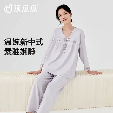 顶瓜瓜纯棉睡衣女款春秋季薄款长袖新中式家居服套装商品大图