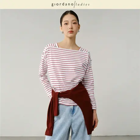 GL2025秋冬新款长袖T恤女纯棉海军风一字领宽松条纹T恤女02325008商品大图