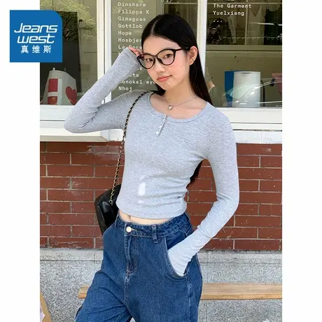 NOB真维斯修身方领长袖t恤女2025新款春秋季青少年爆款打底衫上衣商品大图