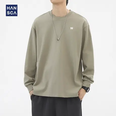 hansca 305g重磅宽松长袖t恤男秋季2025新款圆领印花精梳棉打底衫图片