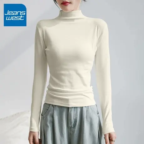 KV真维斯半高领薄绒打底衫女2025新款冬季加绒白色百搭时尚上衣服商品大图