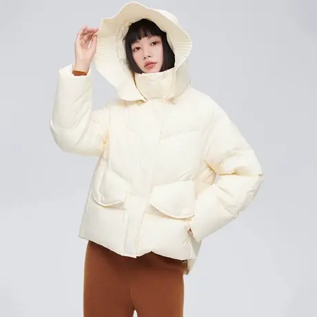 艾莱依冬季新款花芯帽檐短款羽绒服时尚休闲百搭连帽保暖外套清仓图片